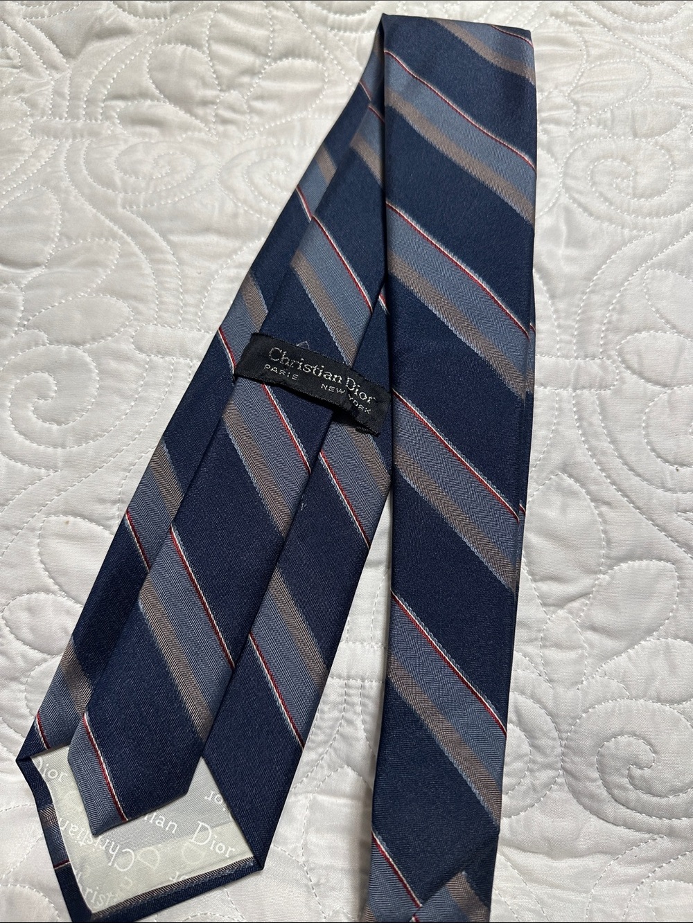 Dior Navy Silk Tie with Gray and Red Stripes